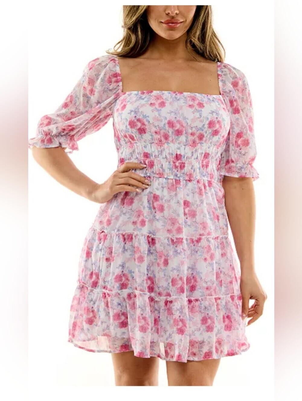 Trixxi Pink Ivory Floral Tiered Mini Dress . Size L
